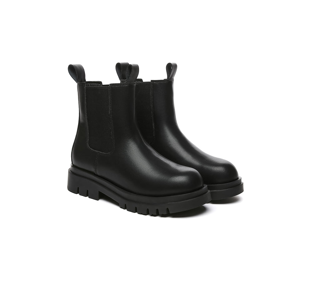 EVERAU® Women Leather Black Chunky Boots Vaneta