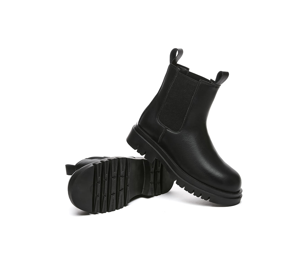 EVERAU® Women Leather Black Chunky Boots Vaneta