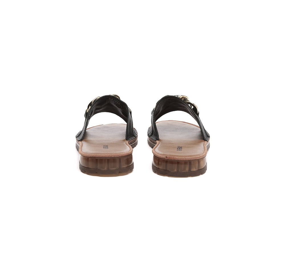 Women Leather Metal Ultra Soft Flat Slides Jianna