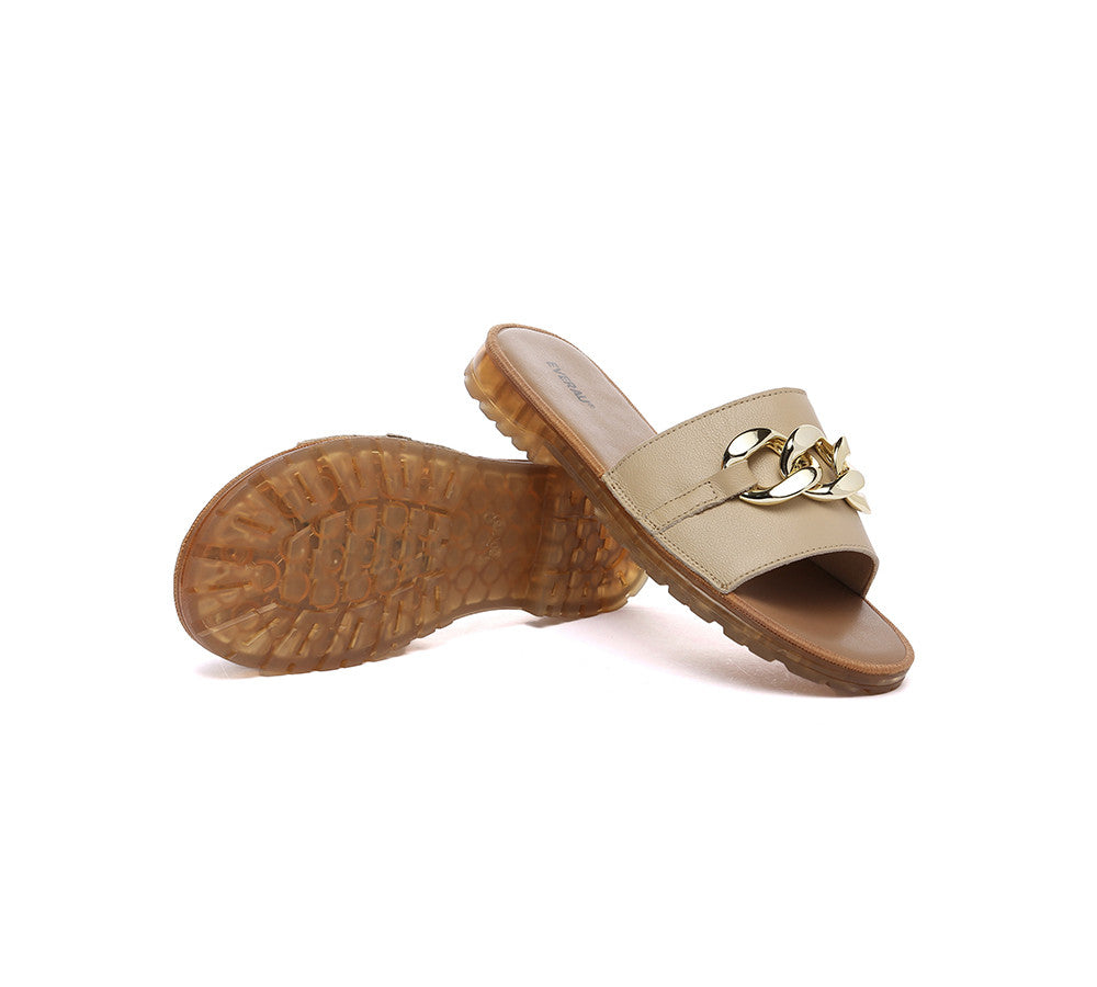 Women Leather Metal Ultra Soft Flat Slides Jianna