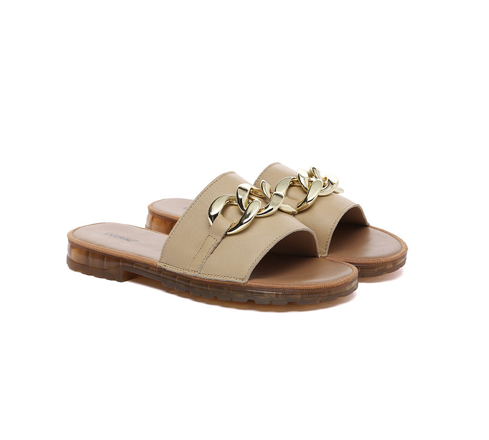 Women Leather Metal Ultra Soft Flat Slides Jianna