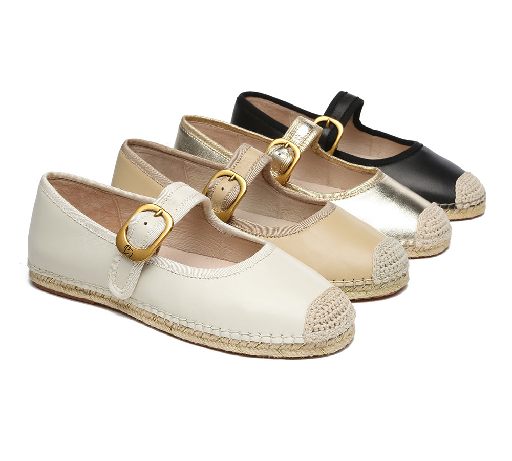 EVERAU® Women Leather Adjustable Buckle Flat Espadrilles Mila - UGG EXPRESS