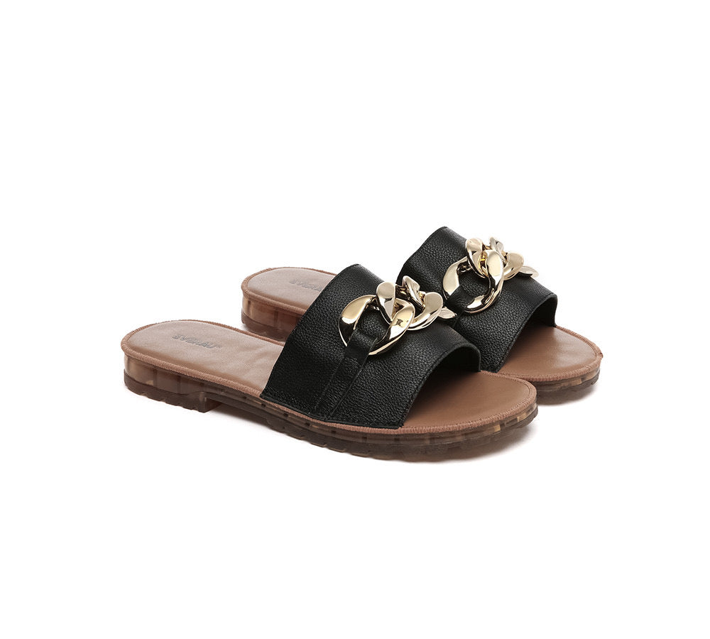 Women Leather Metal Ultra Soft Flat Slides Jianna