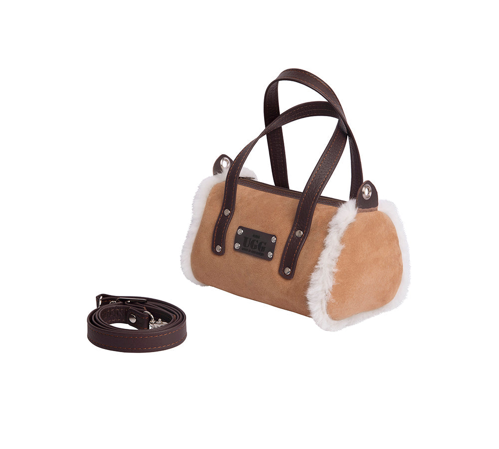 Women Sheepskin Wool Medium Hand Carry Shoulder Strap Zip Barrel Bag