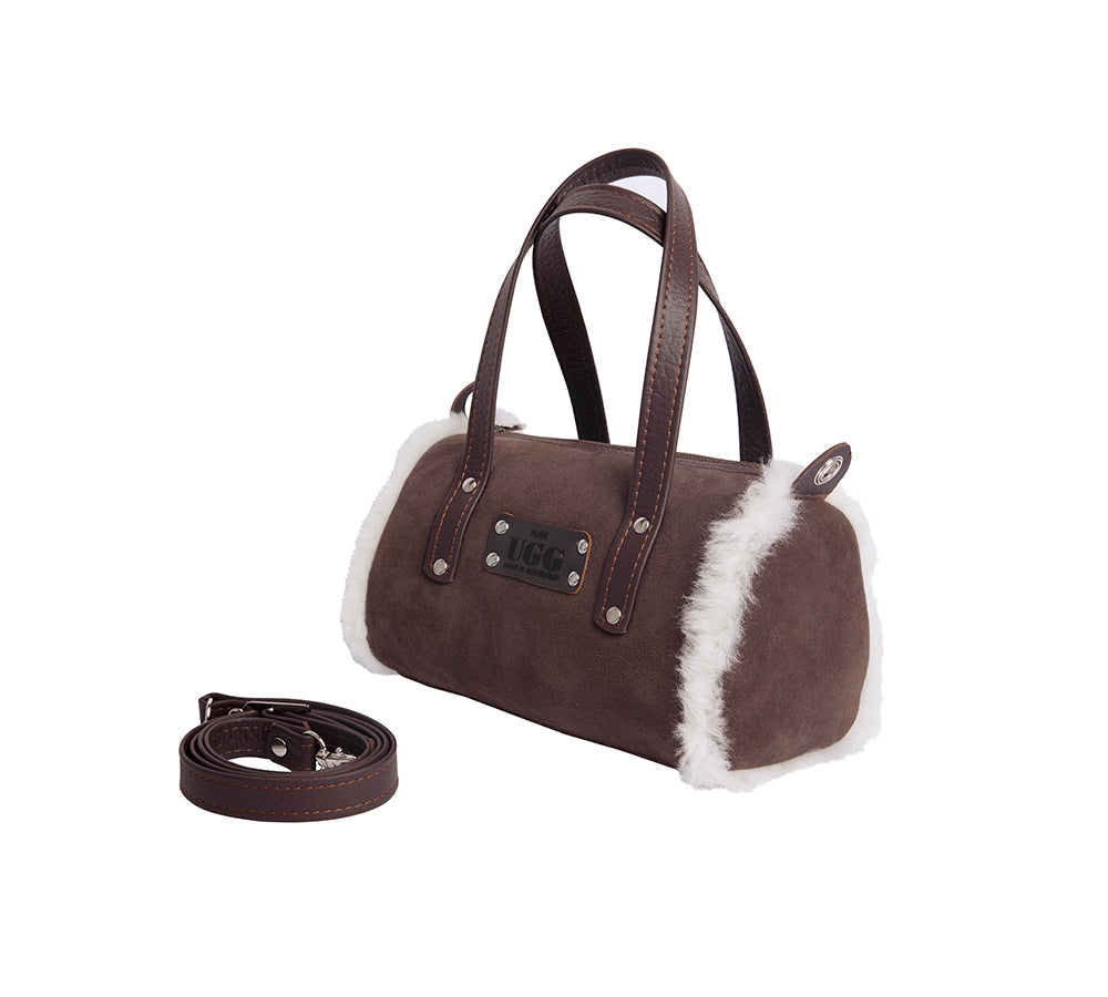 Women Sheepskin Wool Medium Hand Carry Shoulder Strap Zip Barrel Bag - UGG EXPRESS