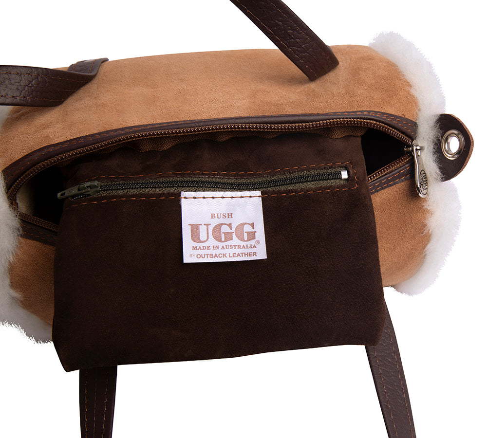 Women Sheepskin Wool Medium Hand Carry Shoulder Strap Zip Barrel Bag - UGG EXPRESS