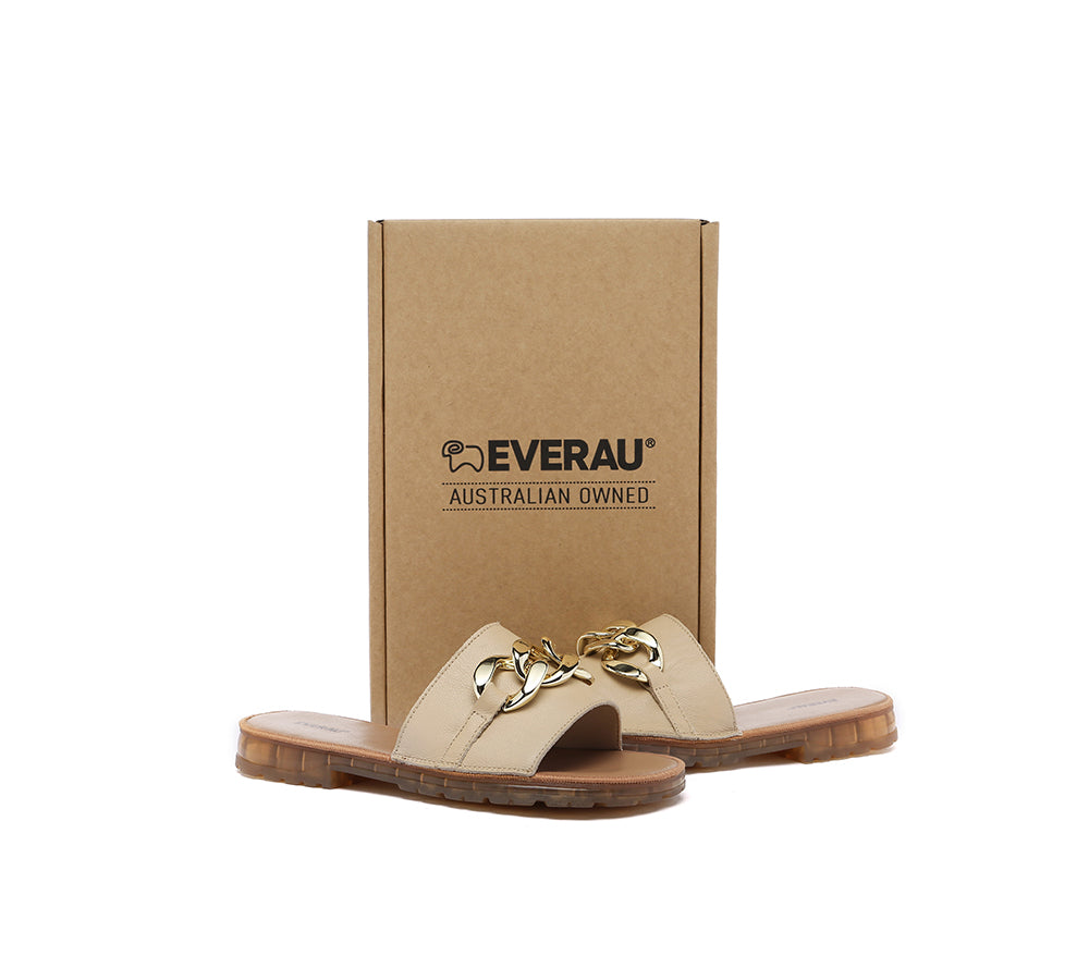 EVERAU® Women Leather Metal Ultra Soft Flat Slides Jianna - UGG EXPRESS