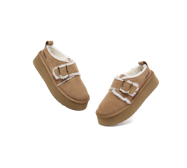 EVERAU® UGG Slippers Sheepskin Wool Adjustable Buckle Ankle Platform Tobias - UGG EXPRESS