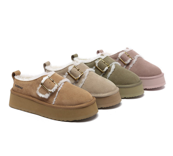 EVERAU® UGG Slippers Sheepskin Wool Adjustable Buckle Ankle Platform Tobias - UGG EXPRESS