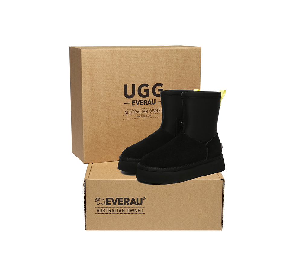 UGG EVERAU® UGG Platform Boots Women Sheepskin Wool Zipper Decor Stretchy Mid Calf Ethel - UGG Boots - Black - AU Ladies 4 / AU Men 2 / EU 35 - Uggoutlet