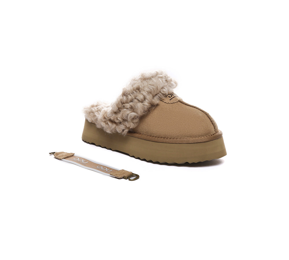 UGG Slippers Women Removable Wool Strap Slingback Platform Waffle Curly