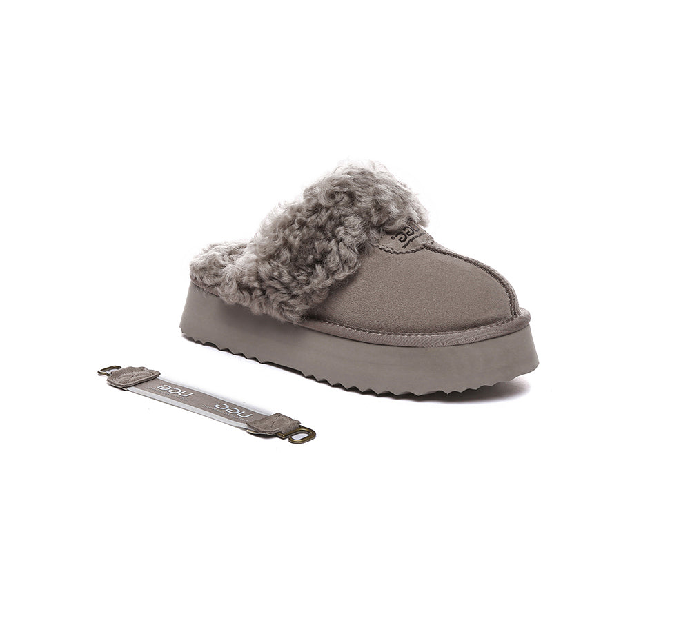 UGG Slippers Women Removable Wool Strap Slingback Platform Waffle Curly