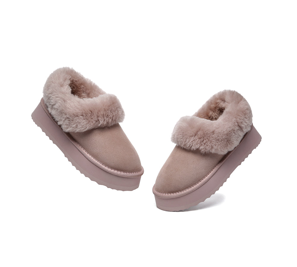 UGG Slippers Women Sheepskin Wool Collar Ankle Platform Clarrie