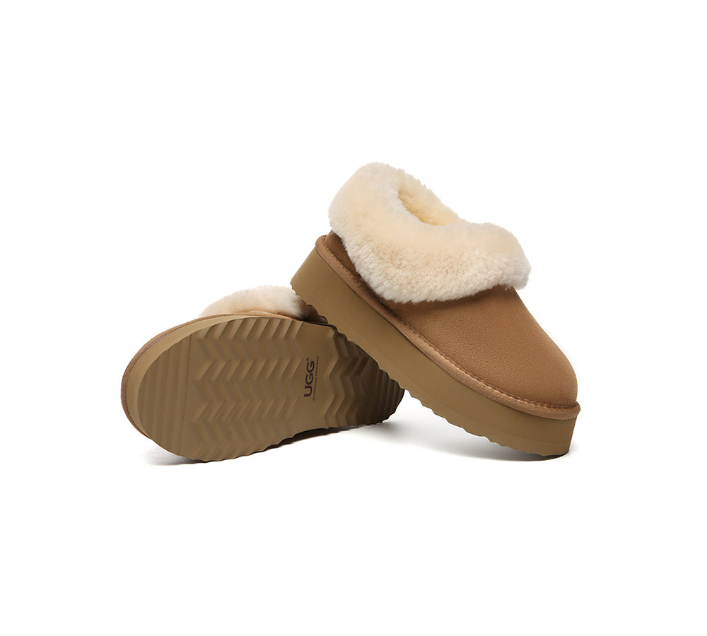 UGG Slippers Women Sheepskin Wool Collar Ankle Platform Clarrie