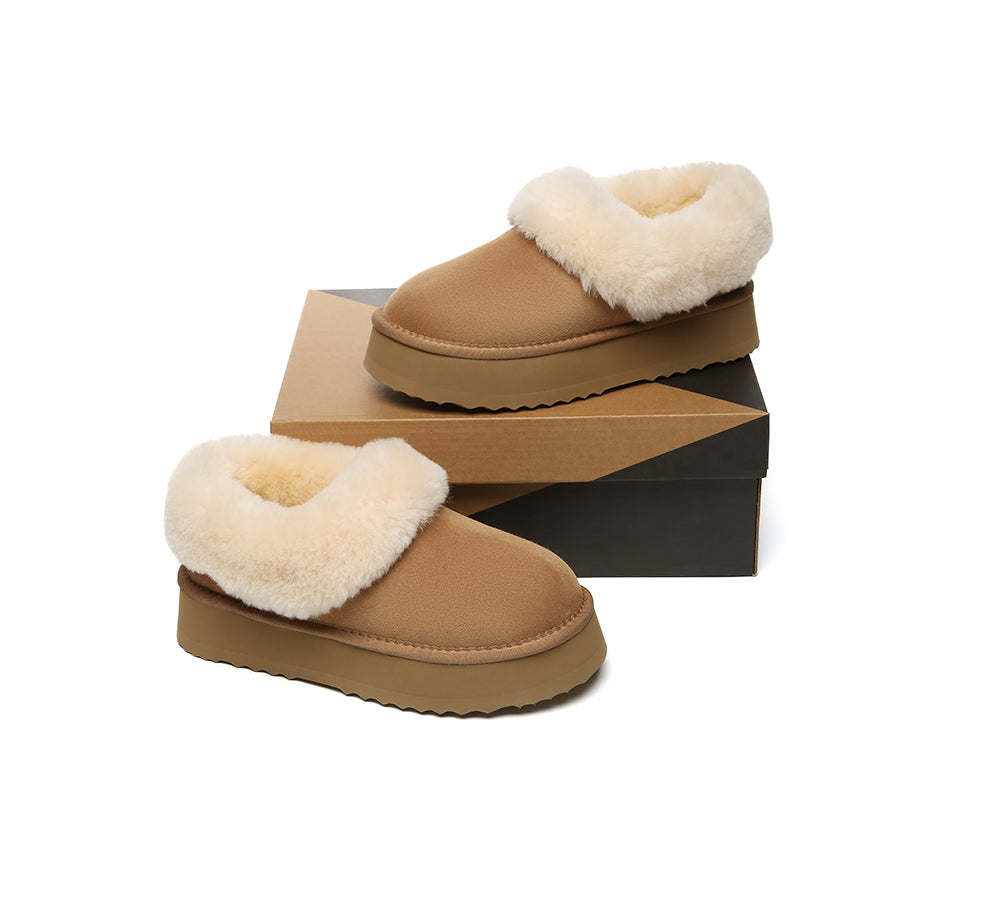 UGG Slippers Women Sheepskin Wool Collar Ankle Platform Clarrie