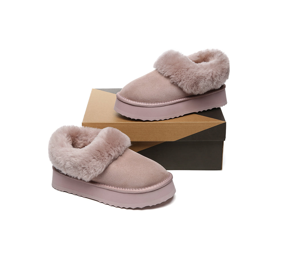 UGG Slippers Women Sheepskin Wool Collar Ankle Platform Clarrie