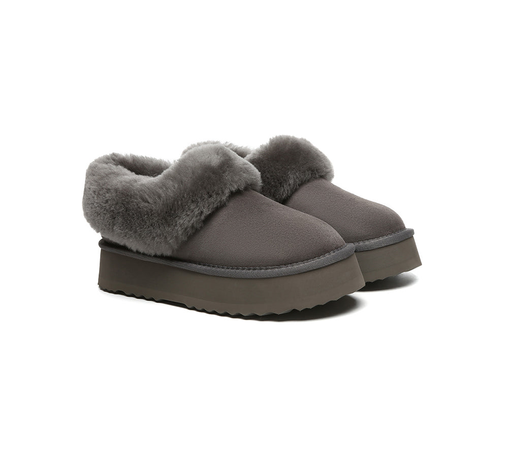 UGG Slippers Women Sheepskin Wool Collar Ankle Platform Clarrie