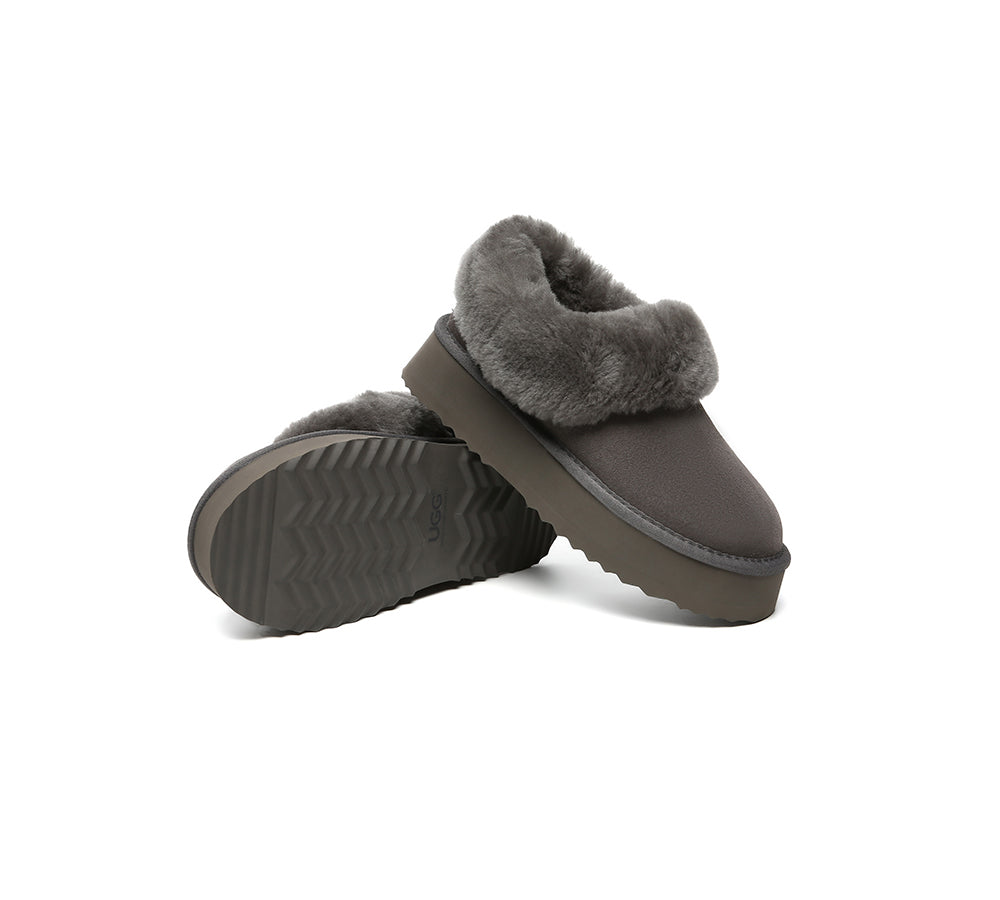 UGG Slippers Women Sheepskin Wool Collar Ankle Platform Clarrie