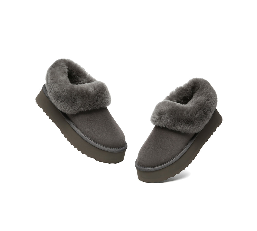 UGG Slippers Women Sheepskin Wool Collar Ankle Platform Clarrie