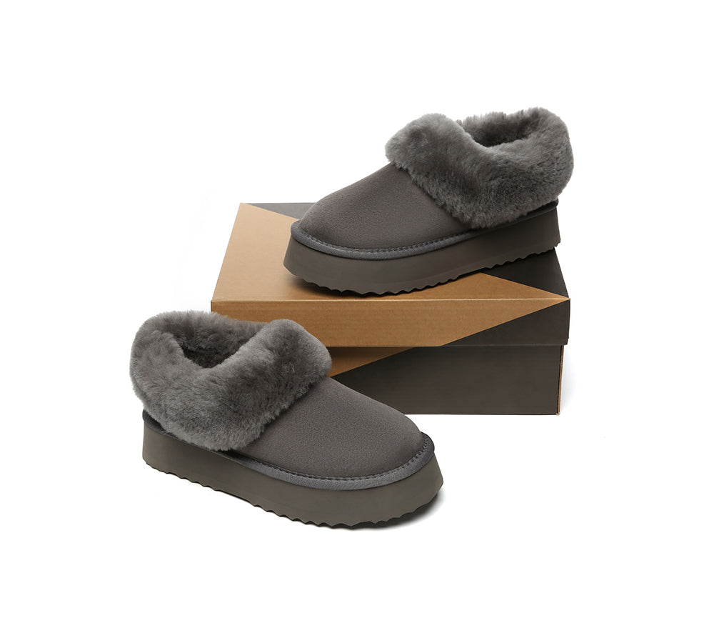 UGG Slippers Women Sheepskin Wool Collar Ankle Platform Clarrie