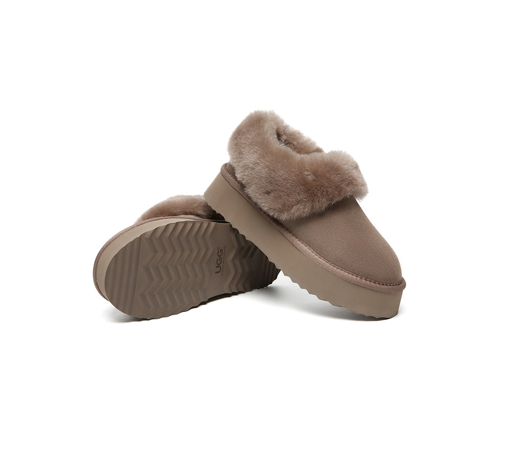 UGG Slippers Women Sheepskin Wool Collar Ankle Platform Clarrie