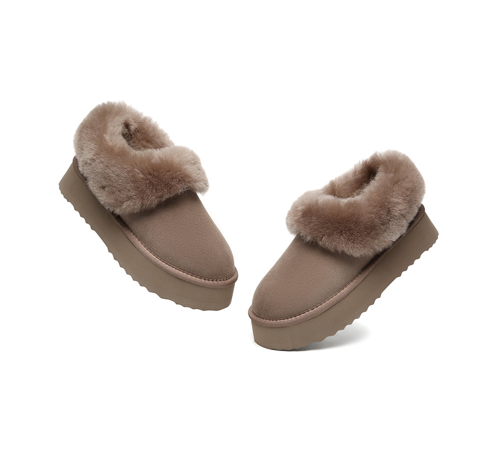 UGG Slippers Women Sheepskin Wool Collar Ankle Platform Clarrie