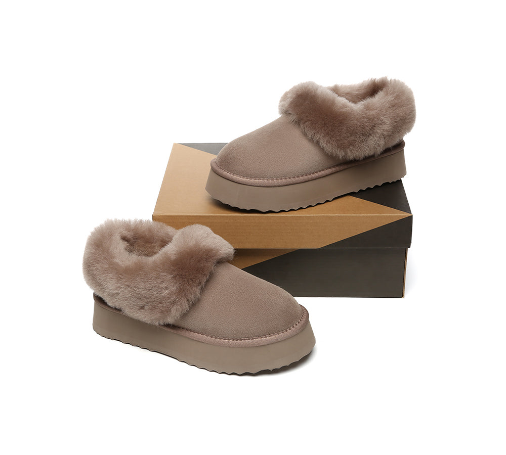 UGG Slippers Women Sheepskin Wool Collar Ankle Platform Clarrie