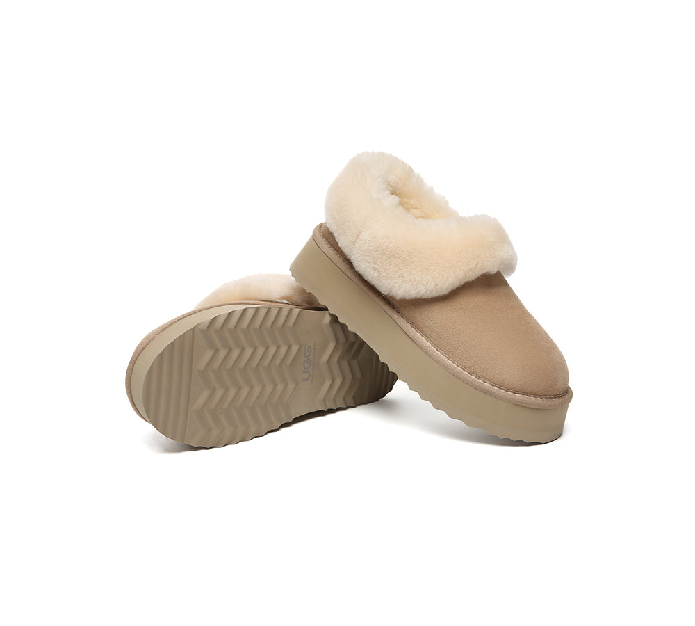 UGG Slippers Women Sheepskin Wool Collar Ankle Platform Clarrie