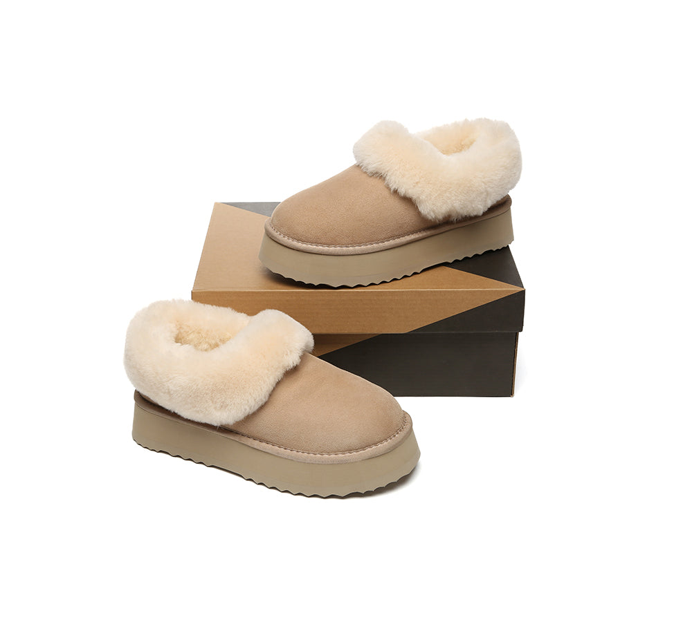 UGG Slippers Women Sheepskin Wool Collar Ankle Platform Clarrie