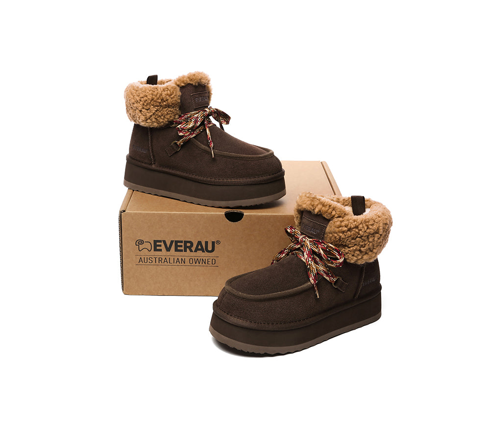 EVERAU® UGG Boots Women Sheepskin Wool Lace Up Ankle Platform Boots Honour - UGG Boots - Chocolate - AU Ladies 4 / AU Men 2 / EU 35 - Uggoutlet