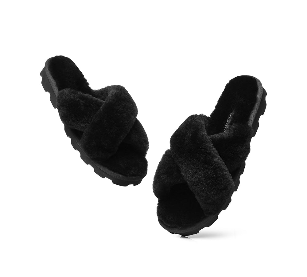 TARRAMARRA® Women Cross Fluffy Slides Nancy - Sandals - Black - AU Ladies 4 / AU Men 2 / EU 35 - Uggoutlet