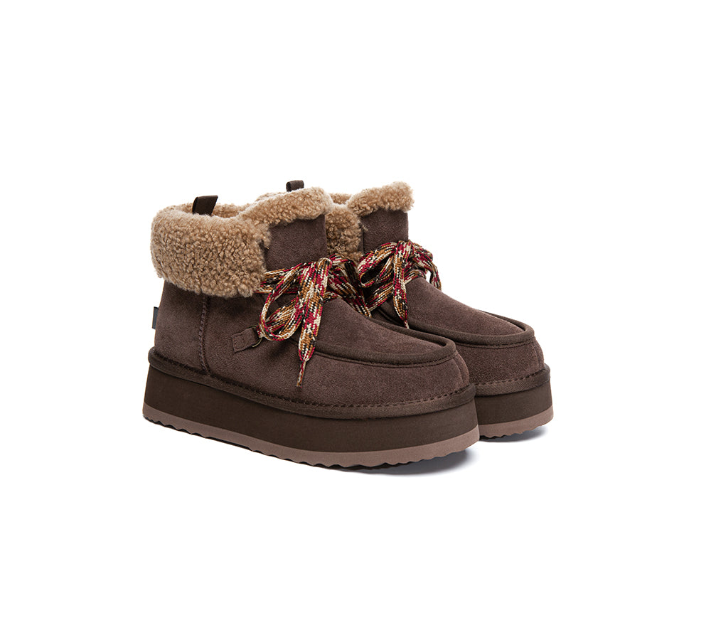 UGG Boots Women Sheepskin Wool Lace Up Ankle Platform Honour