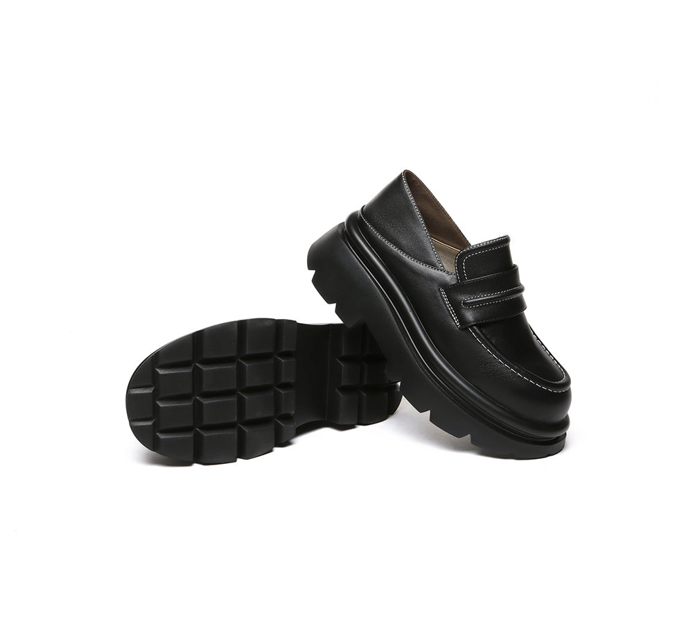 Women Leather Black Platform Chunky Loafers Evanna