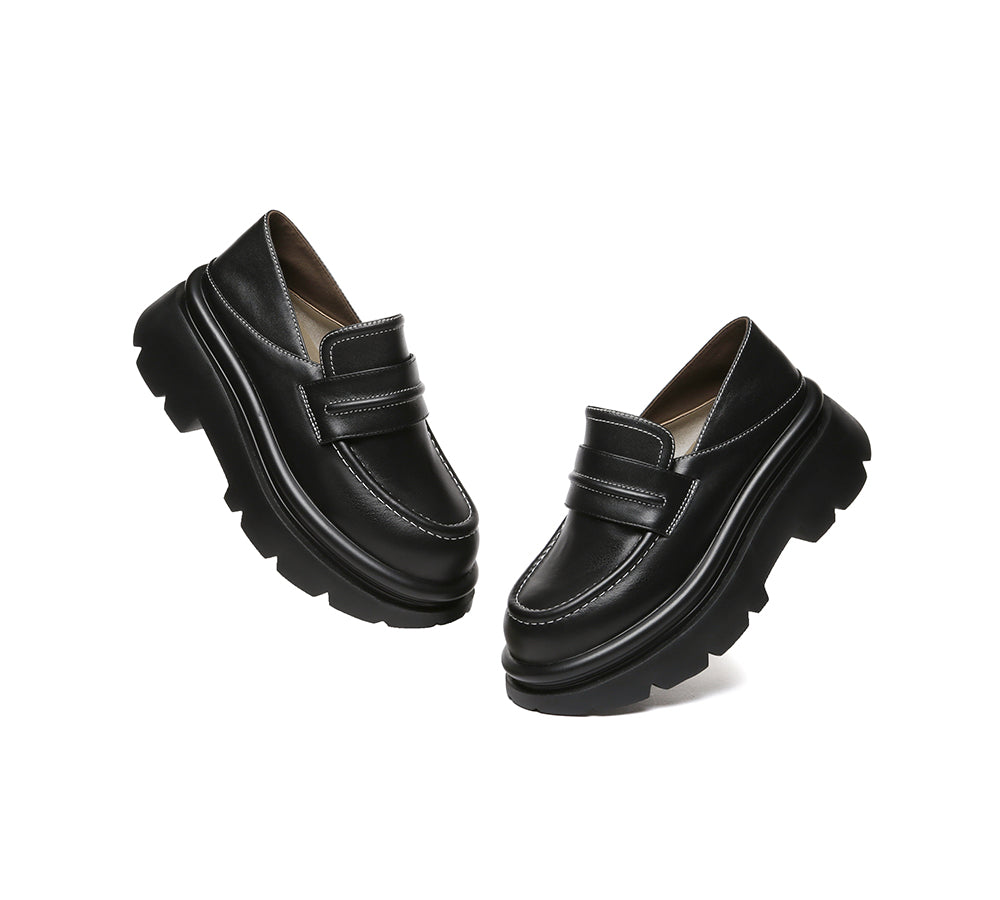 Women Leather Black Platform Chunky Loafers Evanna