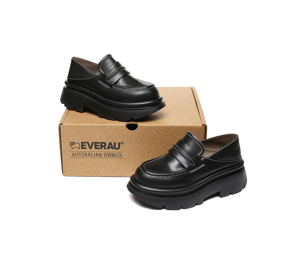 Women Leather Black Platform Chunky Loafers Evanna