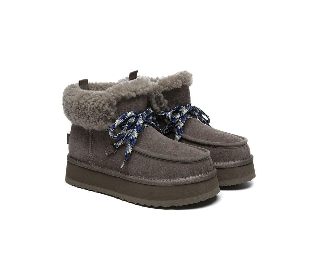 UGG Boots Women Sheepskin Wool Lace Up Ankle Platform Honour