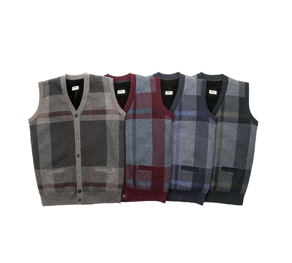 Apparel - TA Men Plaid Knitted Wool Vest Detachable Inner Fleece Lining