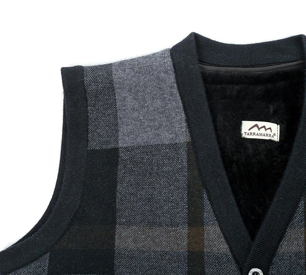 Apparel - TA Men Plaid Knitted Wool Vest Detachable Inner Fleece Lining