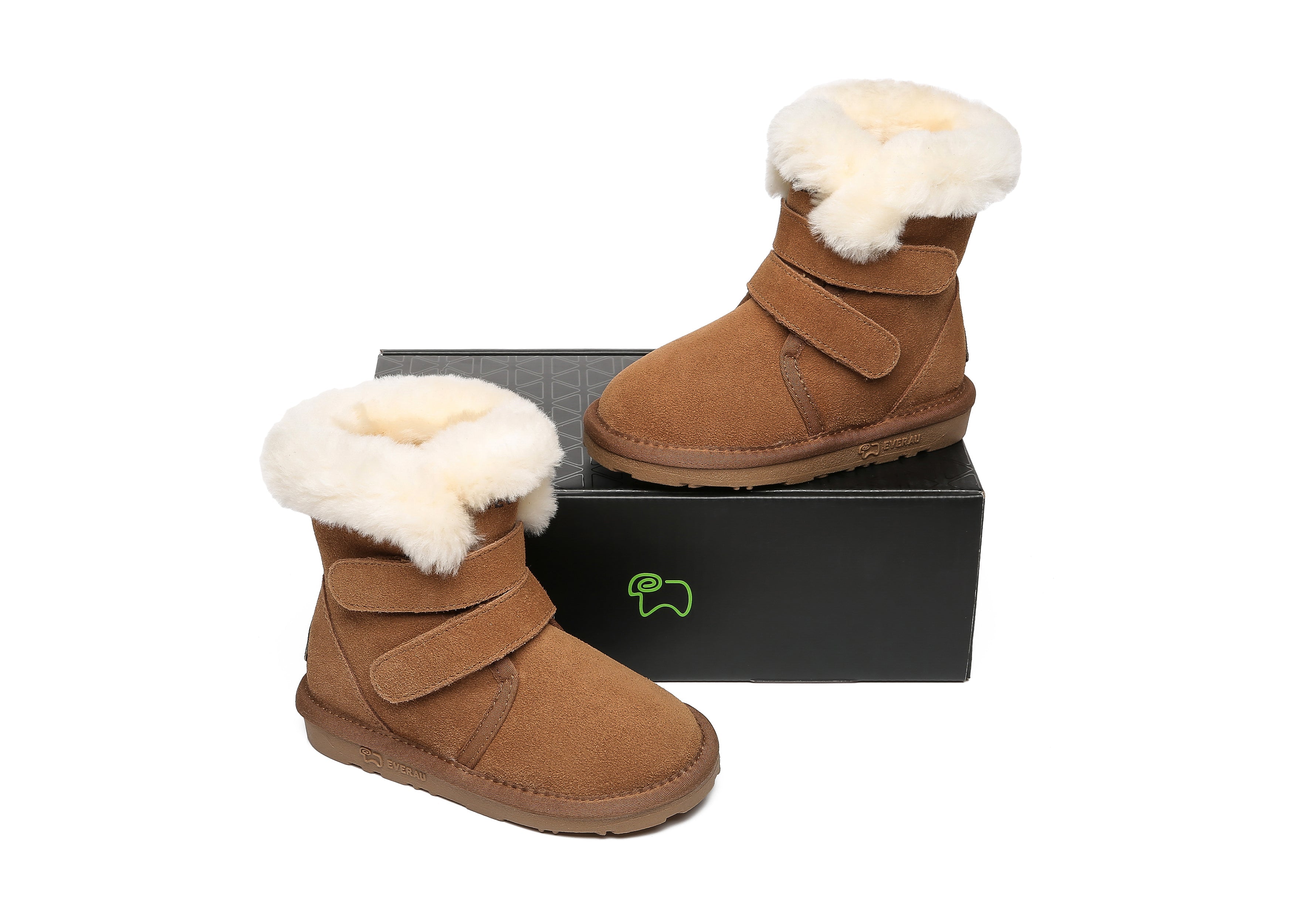 EVERAU® Double Hook And Loop Strap Sheepskin Boots Kids Nordic - UGG Boots - Chestnut - AU Kids 6-7 / EU 25 - Uggoutlet