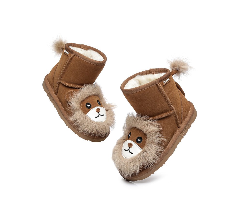 EVERAU® Kids Sheepskin Boots Lion - UGG Boots - Chestnut - AU Kids 6-7 / EU 25 - Uggoutlet