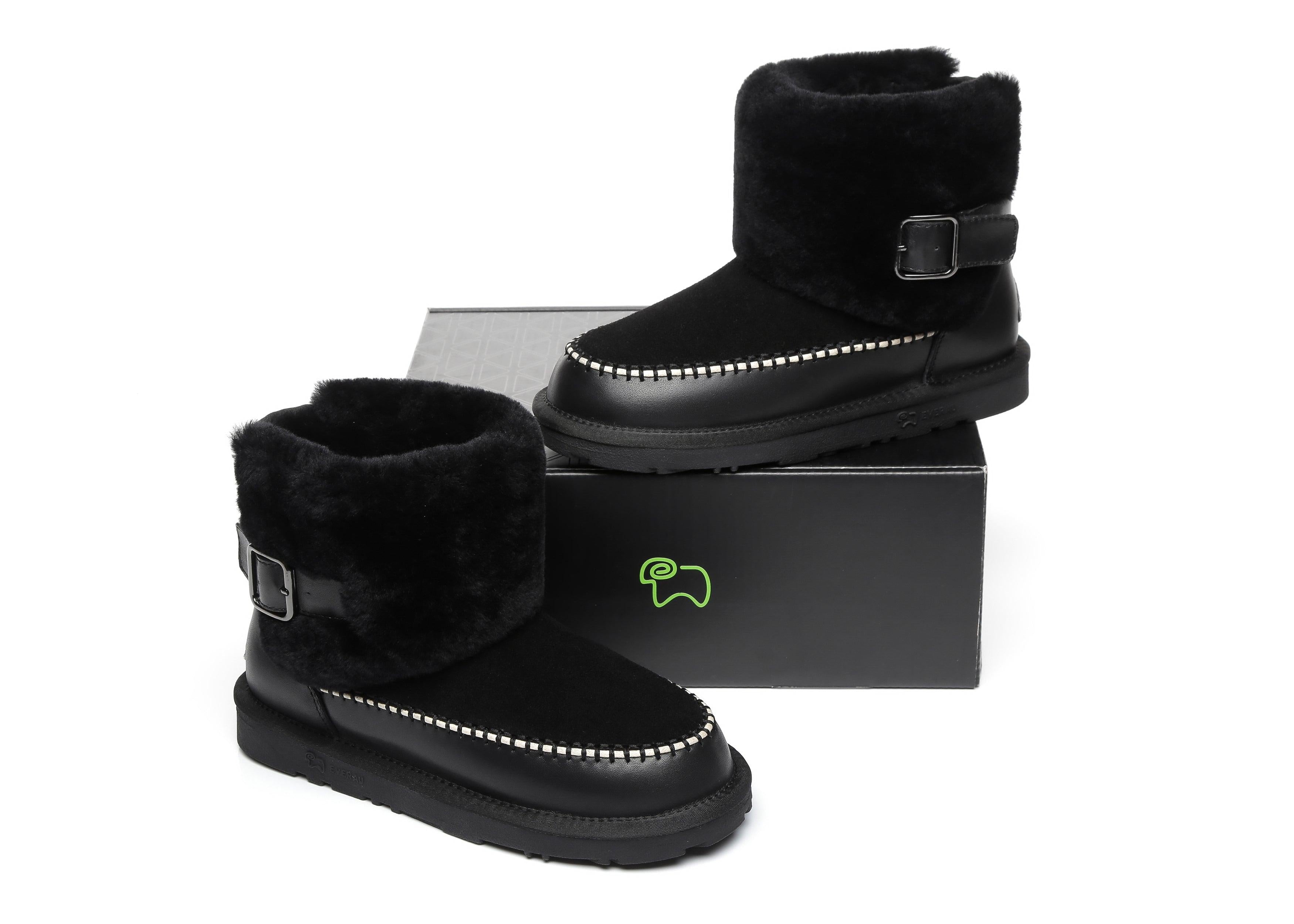 EVERAU® Mini Sheepskin Boots Women Optima - UGG Boots - Black - AU Ladies 4 / AU Men 2 / EU 35 - Uggoutlet