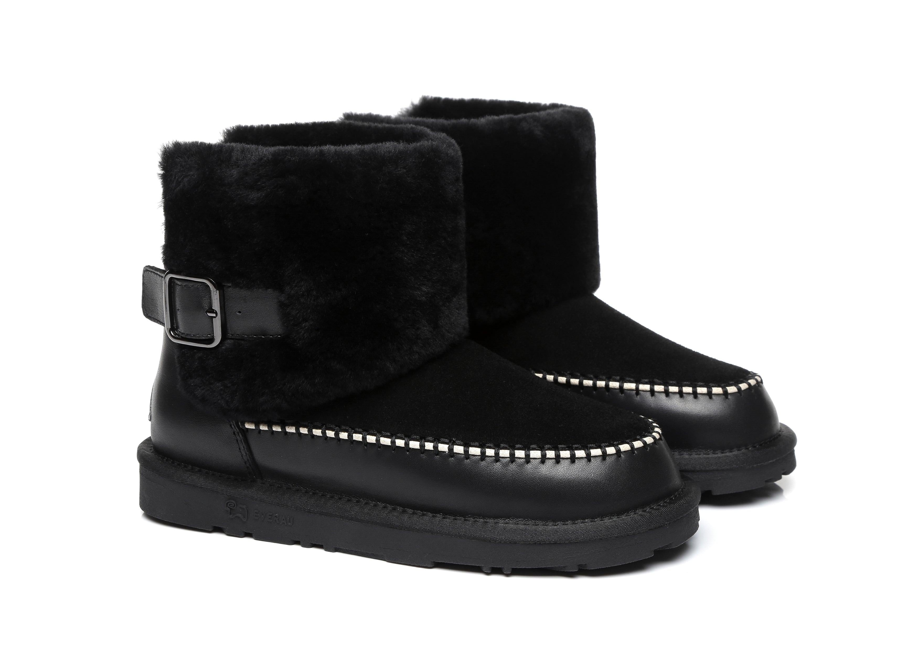 EVERAU® Mini Sheepskin Boots Women Optima - UGG Boots - Black - AU Ladies 4 / AU Men 2 / EU 35 - Uggoutlet