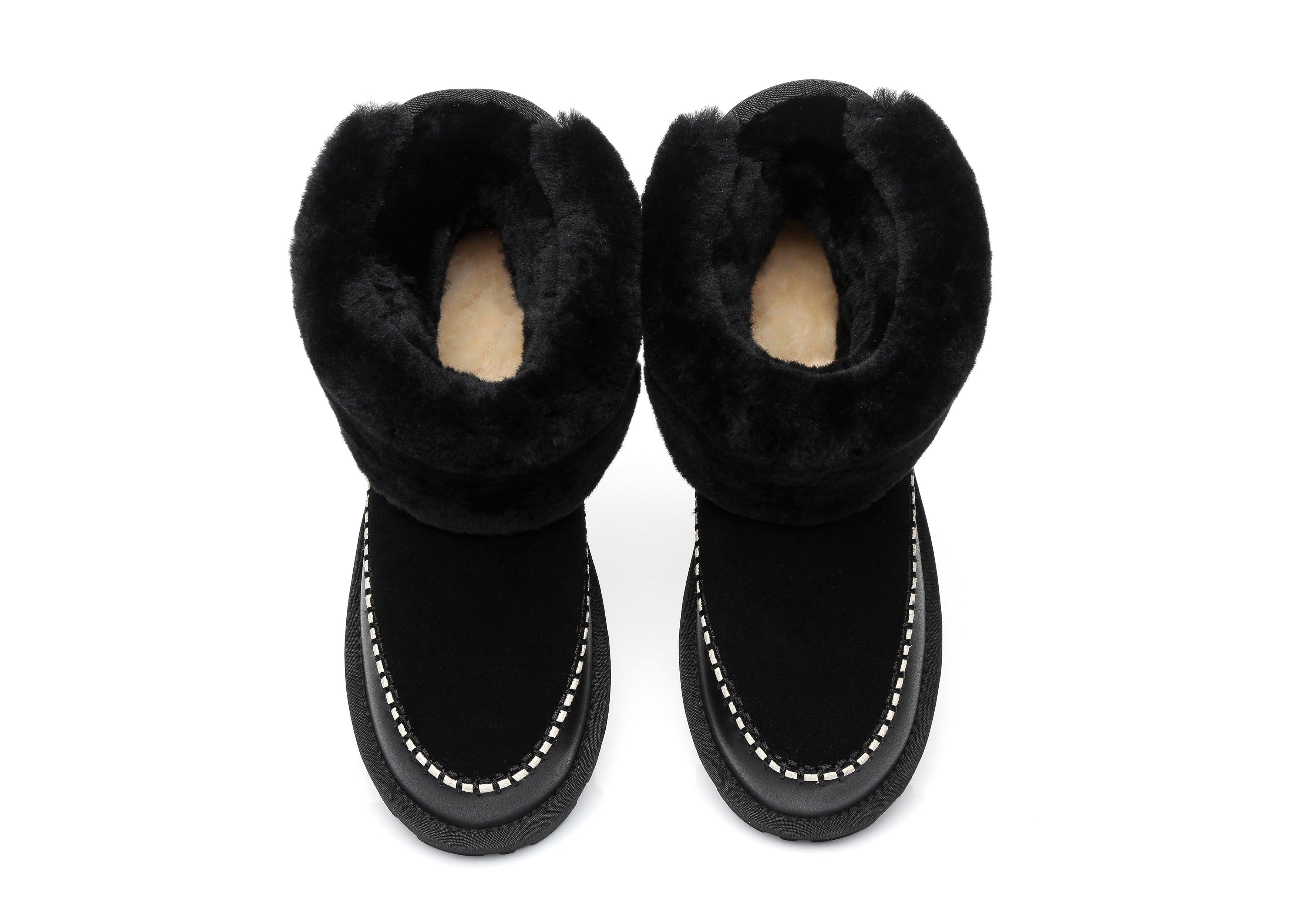 EVERAU® Mini Sheepskin Boots Women Optima - UGG Boots - Black - AU Ladies 4 / AU Men 2 / EU 35 - Uggoutlet