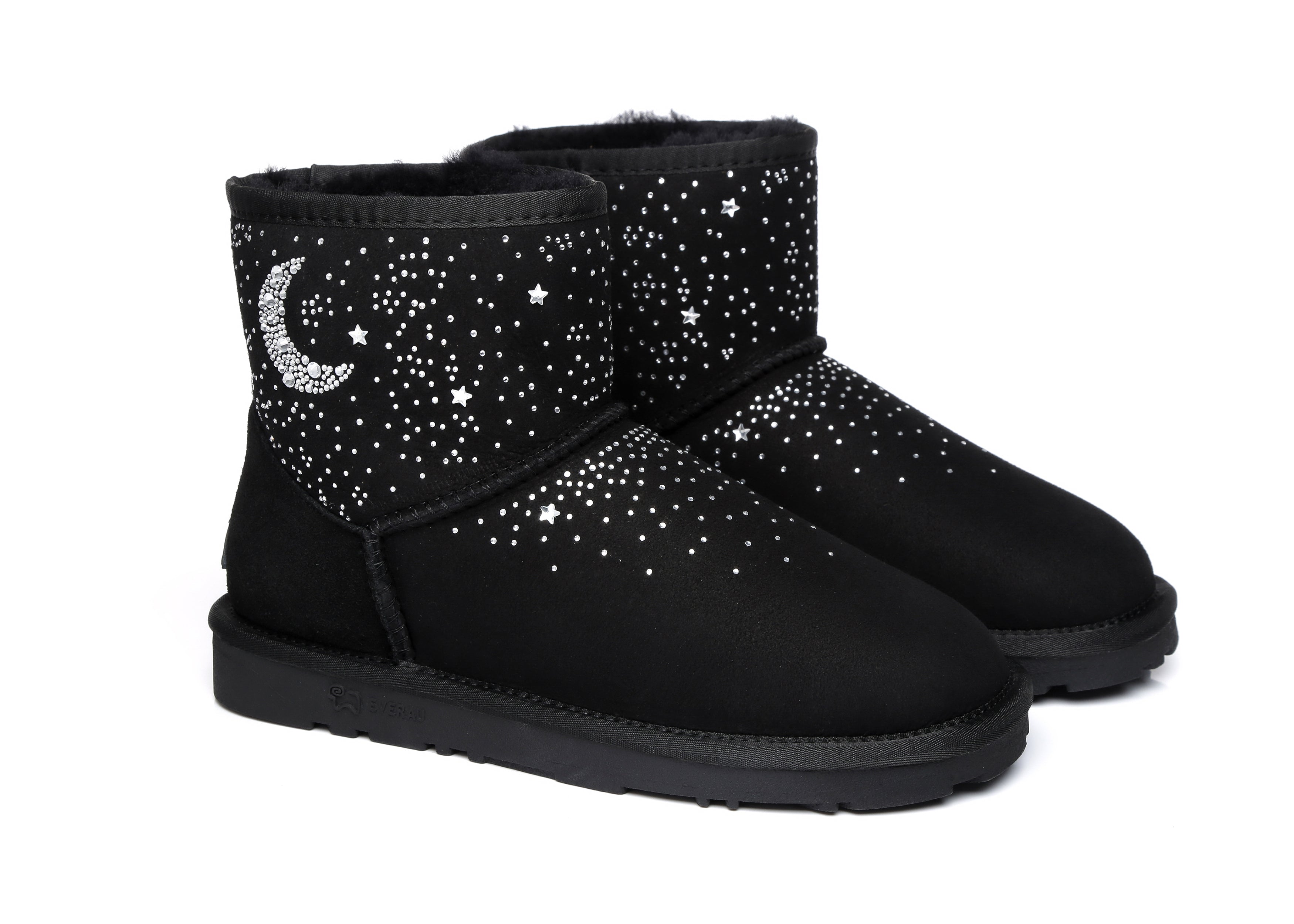 EVERAU® Stud Diamond Mini Sheepskin Boots Women Mercury - UGG Boots - Black - AU Ladies 4 / AU Men 2 / EU 35 - Uggoutlet