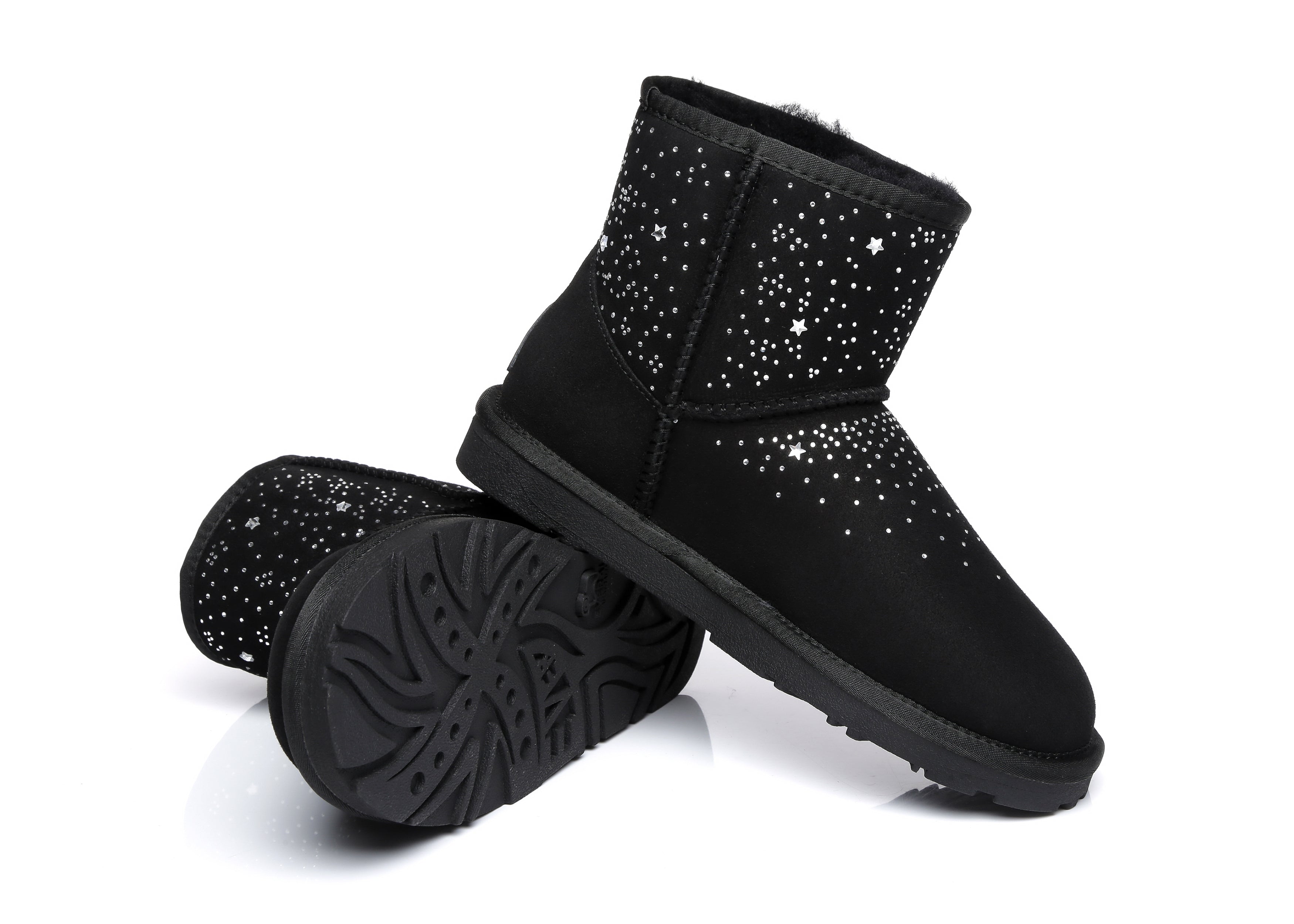 EVERAU® Stud Diamond Mini Sheepskin Boots Women Mercury - UGG Boots - Black - AU Ladies 4 / AU Men 2 / EU 35 - Uggoutlet