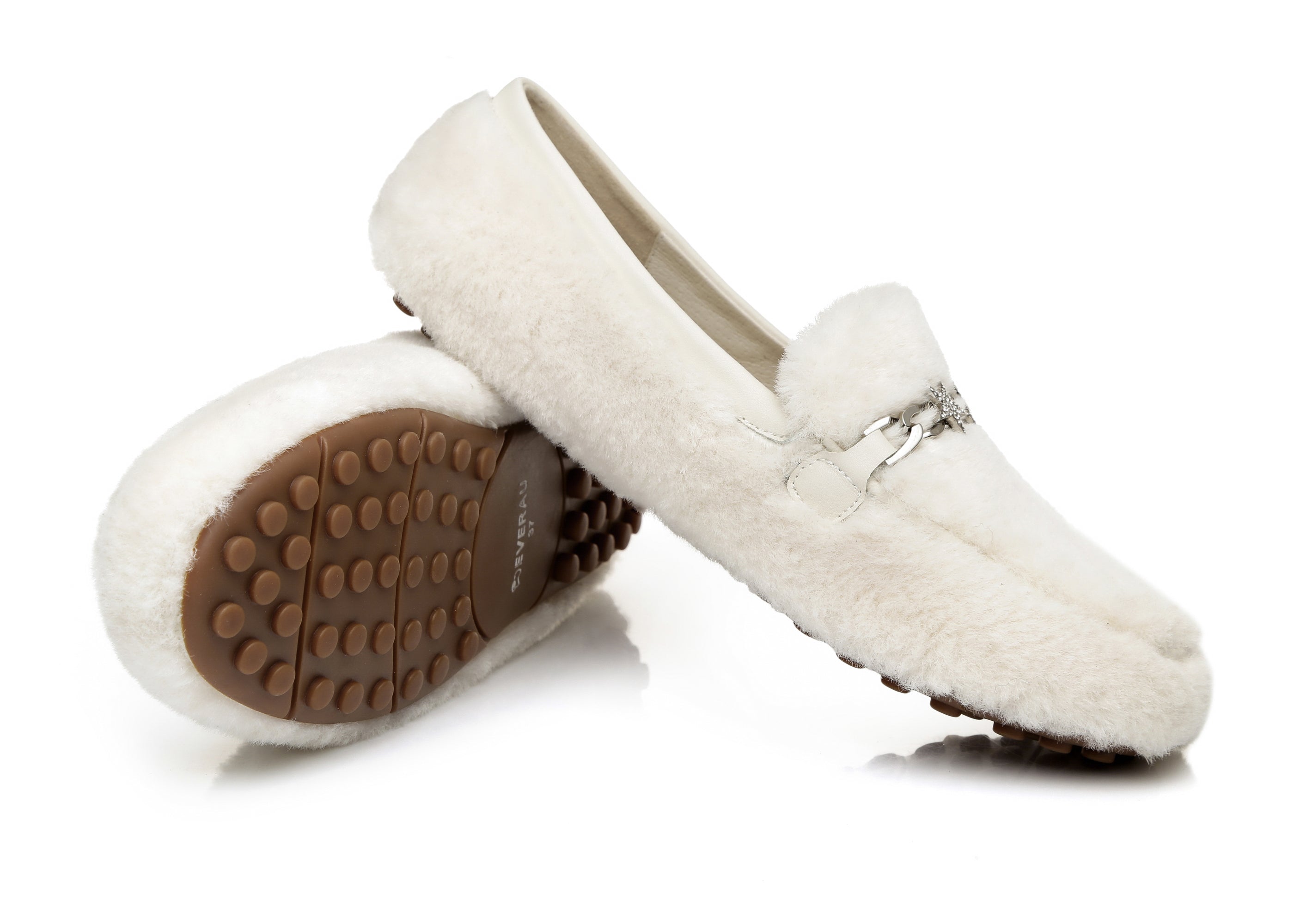 EVERAU® Women Fluffy Ballet Flats Chrom - Moccasins - Milky White - AU Ladies 4 / AU Men 2 / EU 35 - Uggoutlet