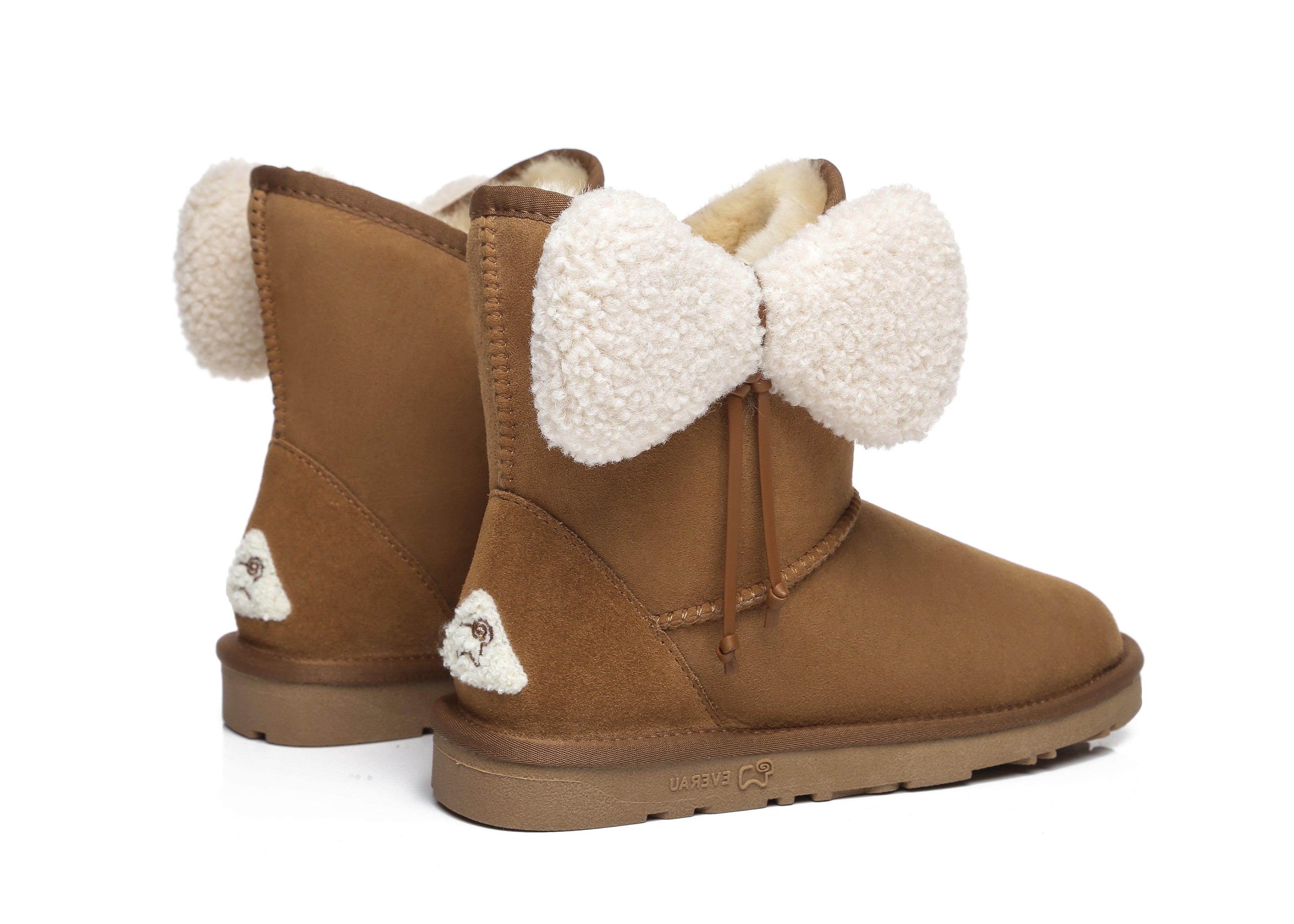 EVERAU® Women Mini Sheepskin Boots With Bow Vela - UGG Boots - Chestnut - AU Ladies 4 / AU Men 2 / EU 35 - Uggoutlet