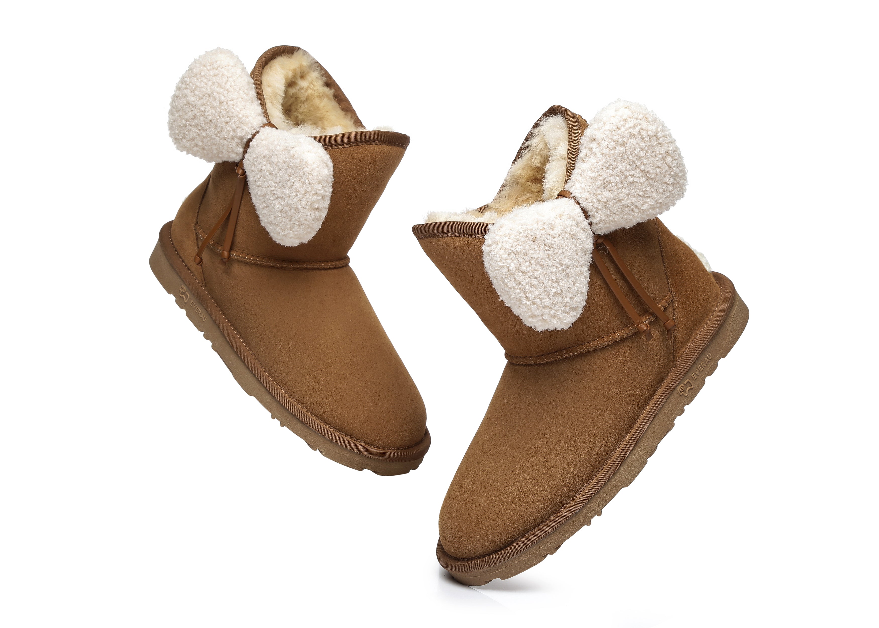 EVERAU® Women Mini Sheepskin Boots With Bow Vela - UGG Boots - Chestnut - AU Ladies 4 / AU Men 2 / EU 35 - Uggoutlet