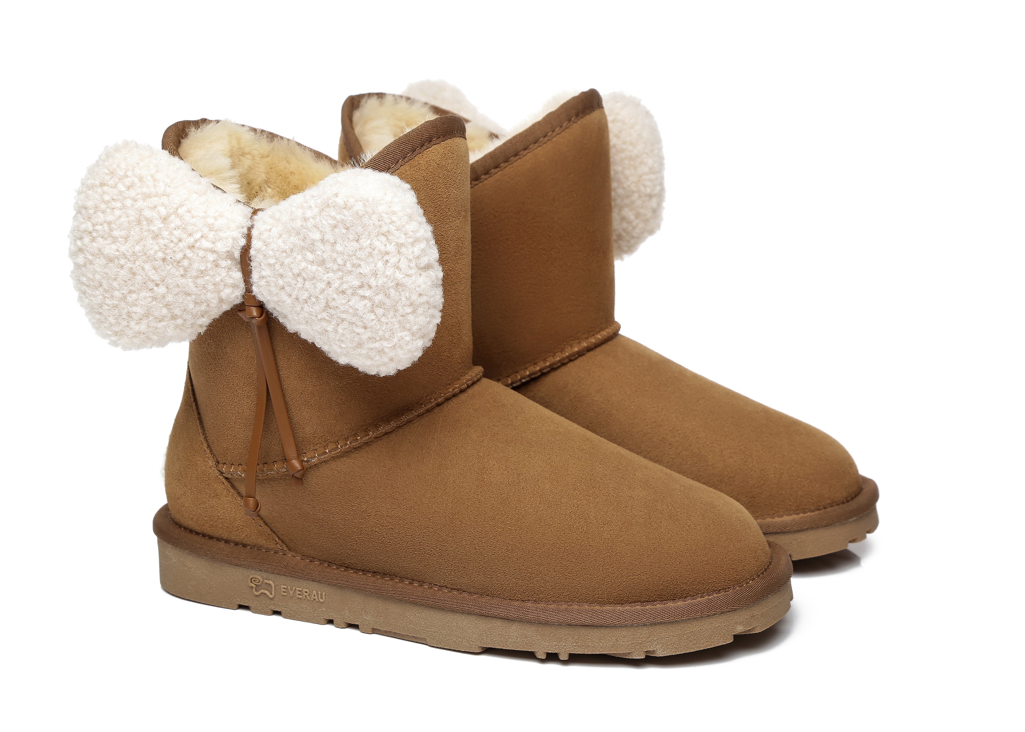 EVERAU® Women Mini Sheepskin Boots With Bow Vela - UGG Boots - Chestnut - AU Ladies 4 / AU Men 2 / EU 35 - Uggoutlet