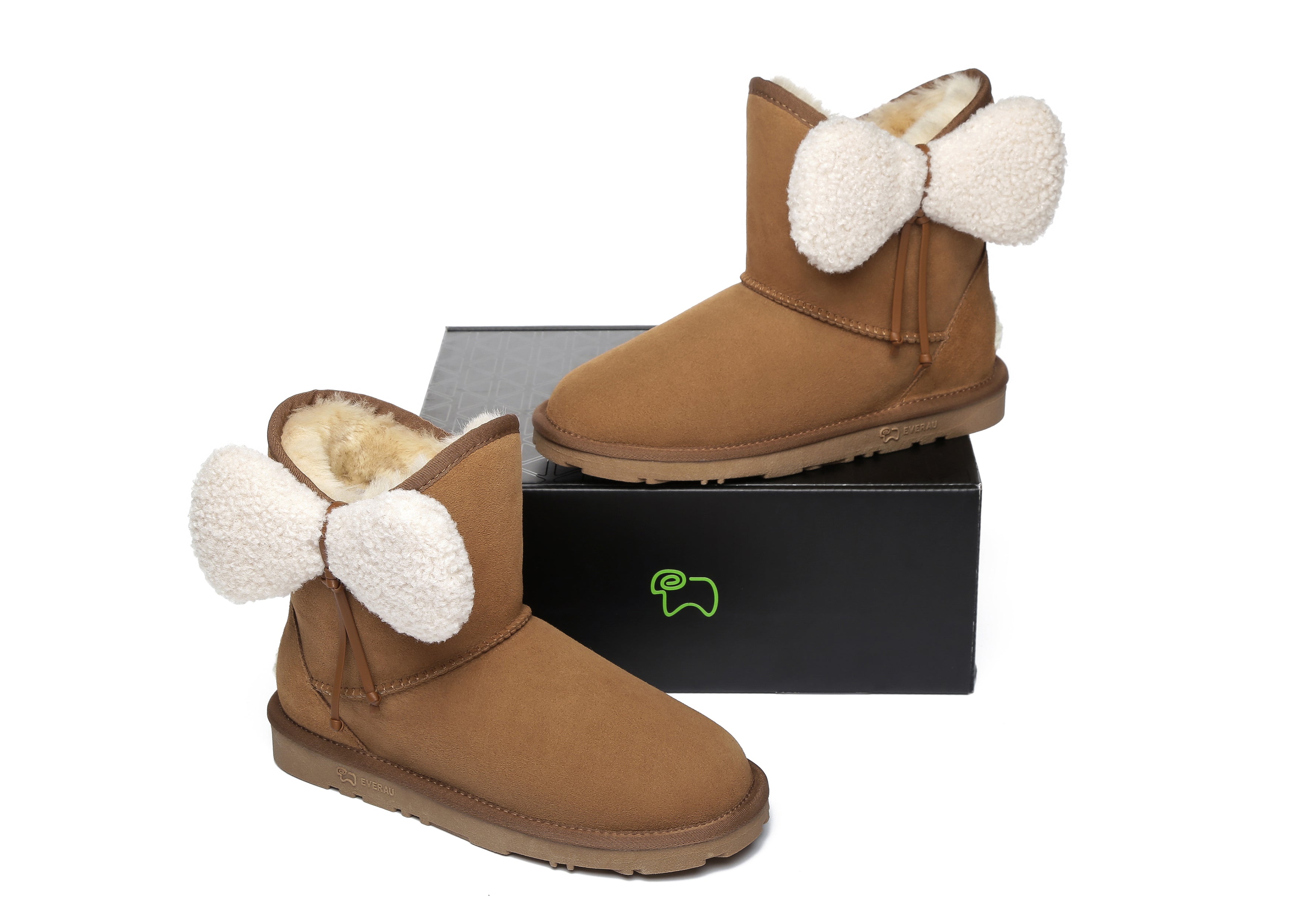 EVERAU® Women Mini Sheepskin Boots With Bow Vela - UGG Boots - Chestnut - AU Ladies 4 / AU Men 2 / EU 35 - Uggoutlet